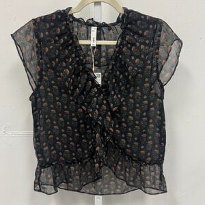 NWT Mango MNG Black Floral Ruffle Sheer Blouse Top Size S Committed Collection